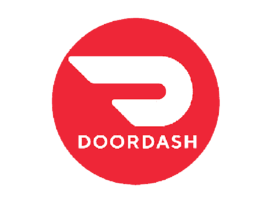 A red circle with the word doordash in it.